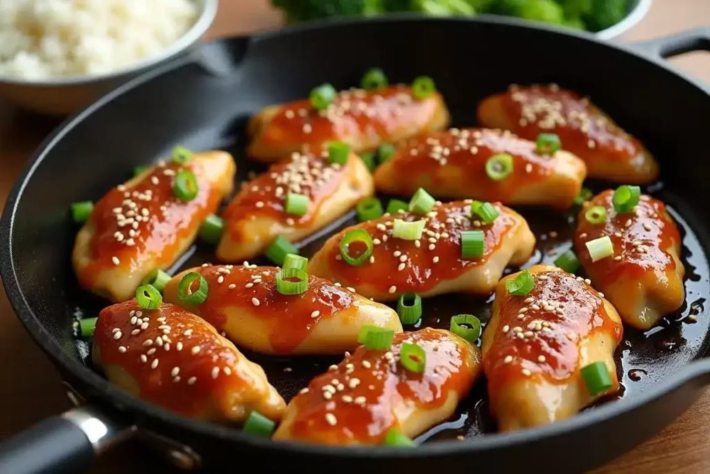 Honey garlic chicken tenderloins garnished with sesame seeds and green onions, served with rice and vegetables