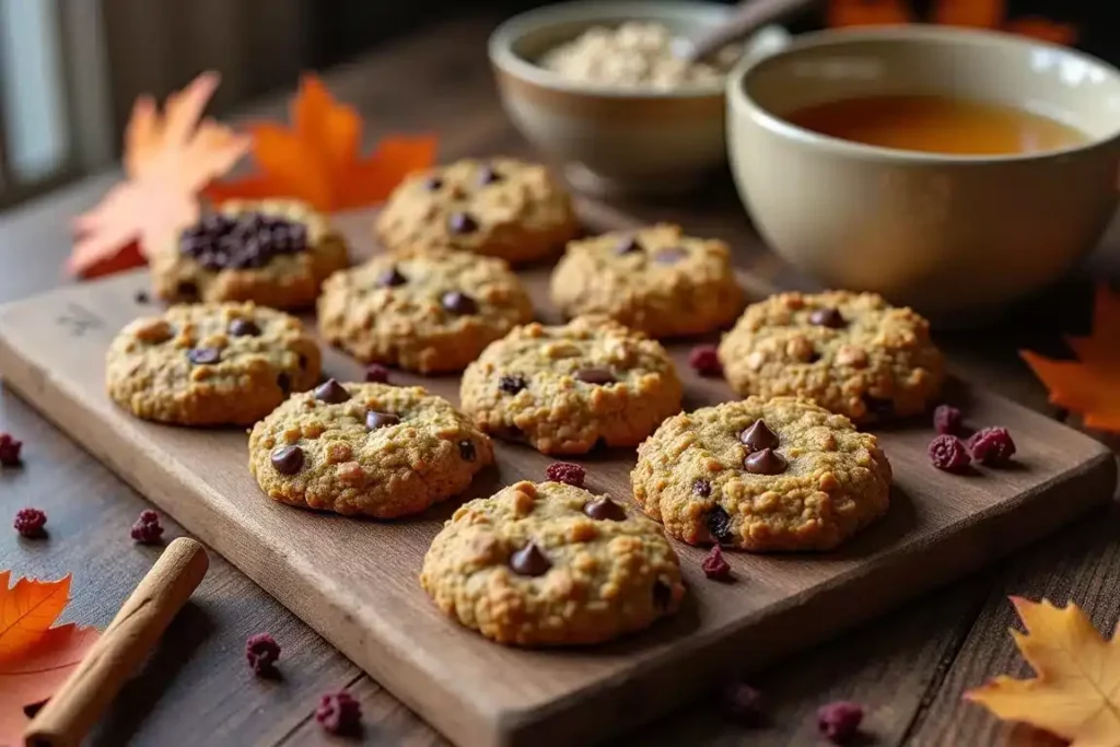 Soft pumpkin banana oatmeal cookies on a baking tray, sprinkled with oats