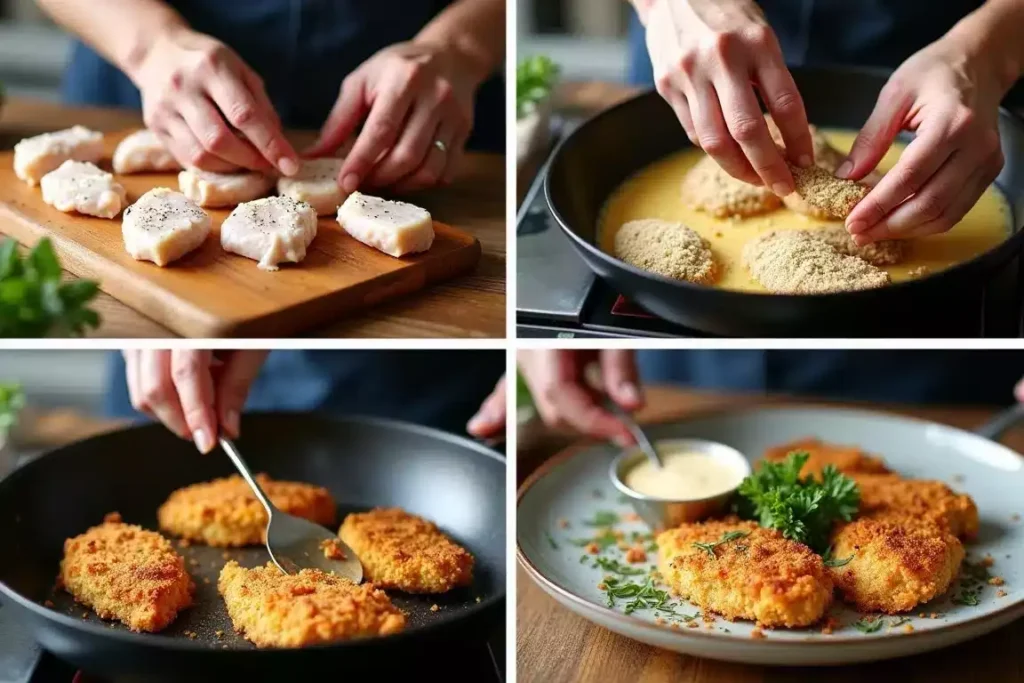 Quickly cooked chicken tenderloins in a skillet, garnished with fresh herbs and ready to serve