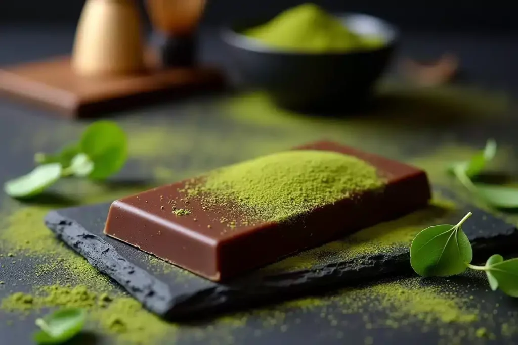 Matcha green tea chocolate bar with a vibrant green hue, garnished with a dusting of matcha powder