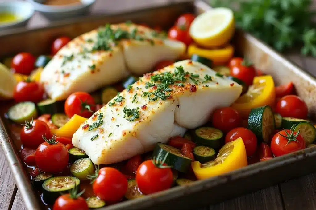 Baked Halibut with Mediterranean Vegetables