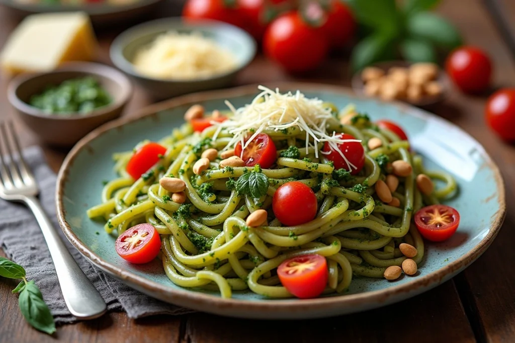 Pasta with Pesto and Cherry Tomatoes