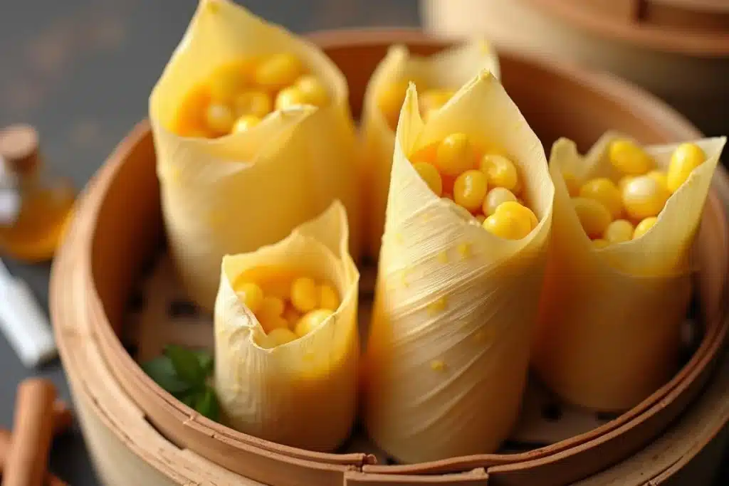 Sweet corn tamales wrapped in corn husks, served on a rustic plate