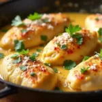 Golden diced garlic chicken served in a skillet, garnished with fresh herbs and paired with sautéed vegetables