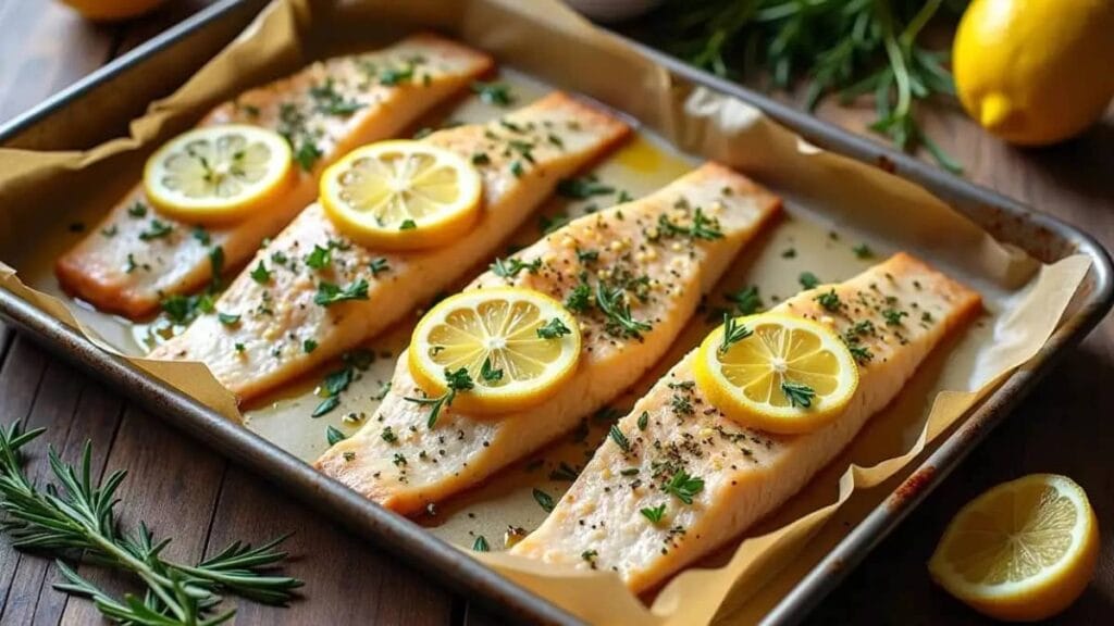 Pan-seared steelhead trout fillet with crispy golden skin, garnished with fresh herbs and lemon, served on a rustic plate