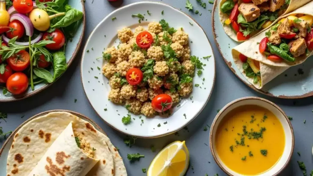 Gluten-free and dairy-free lunch featuring a vibrant grain bowl, creamy coconut milk soup, and pesto pasta with fresh herbs