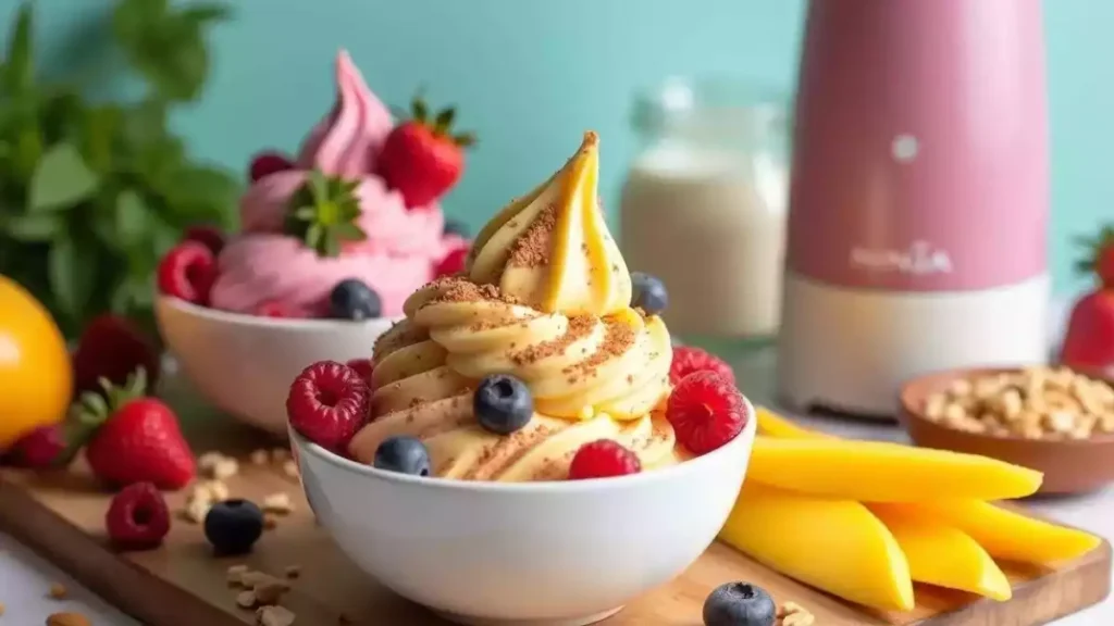 A variety of Ninja Creami zero-sugar ice creams served in bowls, topped with fresh fruit, nuts, and mint leaves