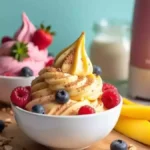 A variety of Ninja Creami zero-sugar ice creams served in bowls, topped with fresh fruit, nuts, and mint leaves