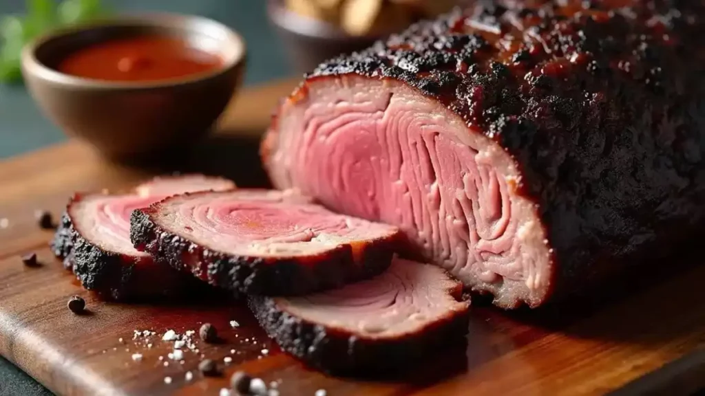 An assortment of smoked dishes, including brisket, chicken, ribs, salmon, and vegetables, arranged on a wooden platter with fresh herbs and dipping sauces