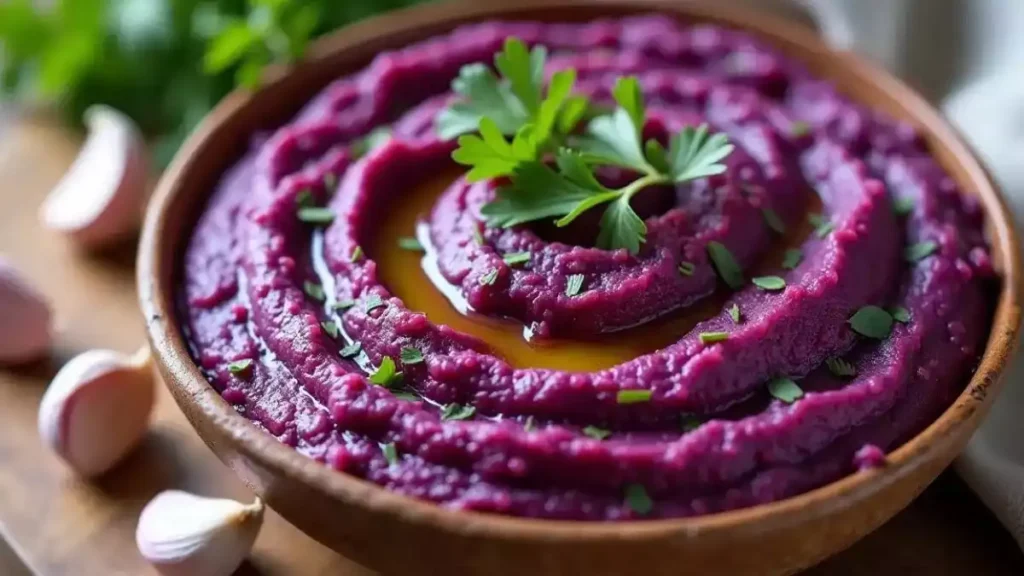 Purple sweet potato dishes: curry, hummus, pancakes, brownies, soup, tacos, salad