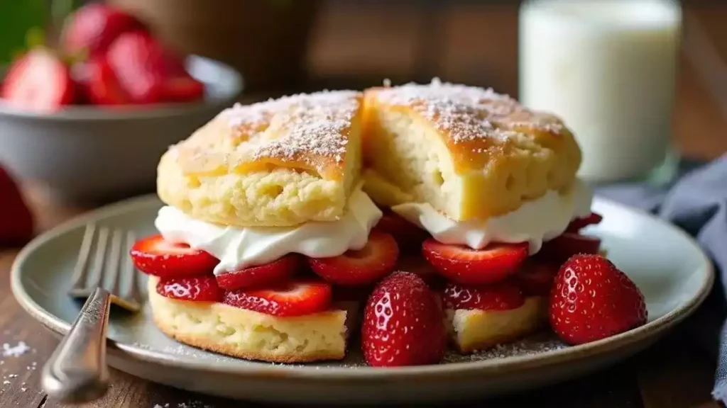 An assortment of Bisquick recipes, including shortcake with strawberries, coffee cake, and shortbread cookies, arranged on a table