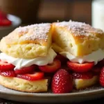 An assortment of Bisquick recipes, including shortcake with strawberries, coffee cake, and shortbread cookies, arranged on a table