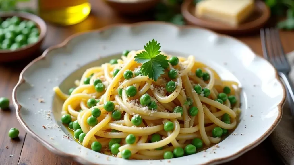 An assortment of pasta dishes featuring peas