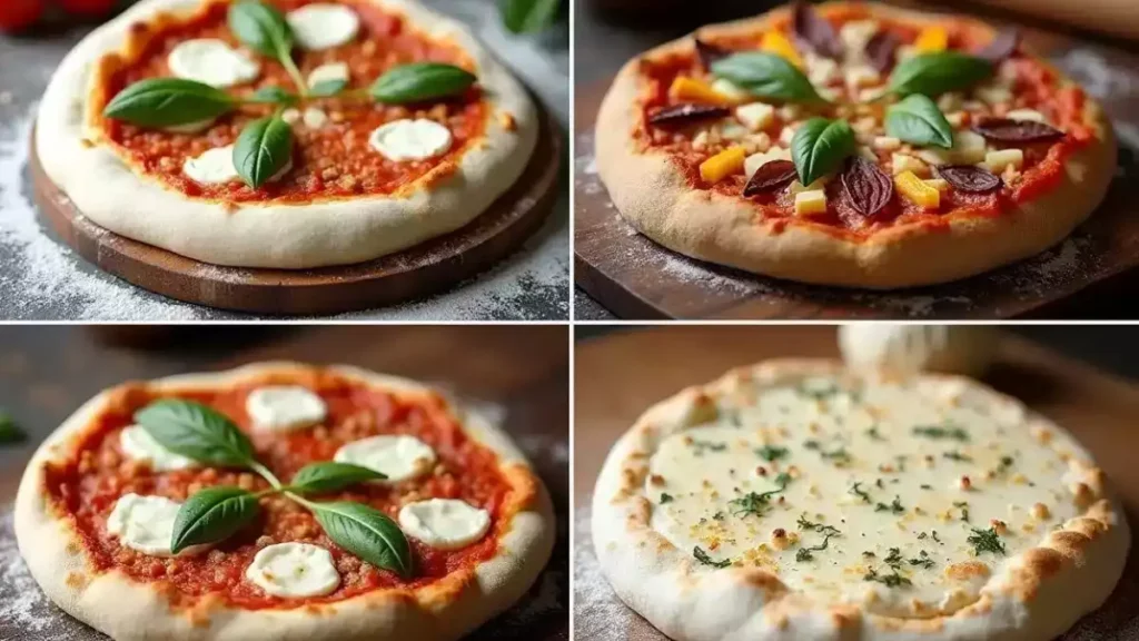 Assorted Italian pizzas, including Four Cheese, Veggie Delight, BBQ Chicken, Spicy Sausage, and Mediterranean, arranged on a table