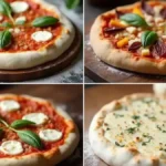 Assorted Italian pizzas, including Four Cheese, Veggie Delight, BBQ Chicken, Spicy Sausage, and Mediterranean, arranged on a table