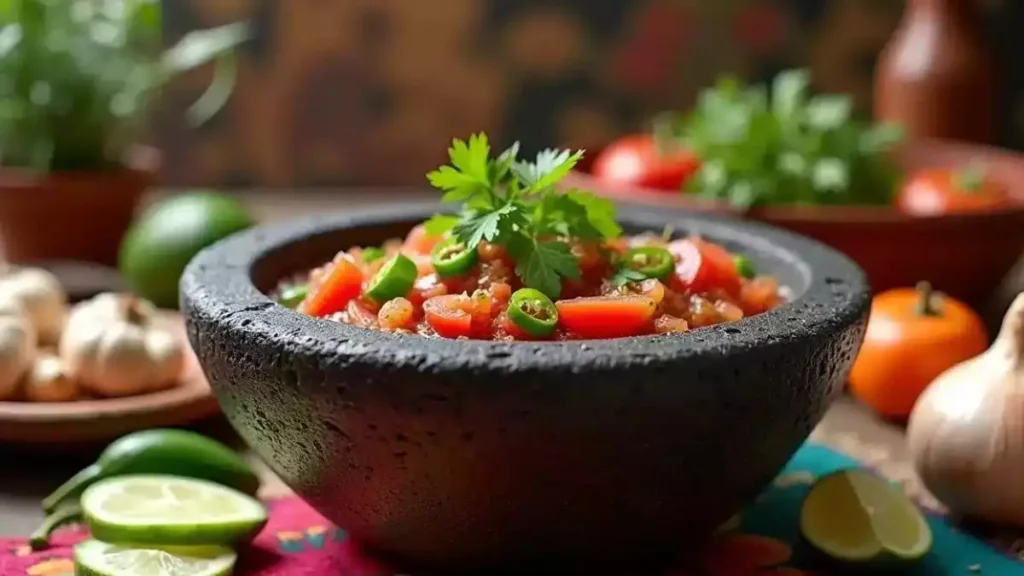 Assorted molcajete recipe including salsa, guacamole, chicken, seafood, and vegetarian options