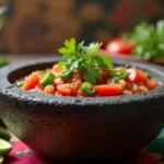 Assorted molcajete recipe including salsa, guacamole, chicken, seafood, and vegetarian options