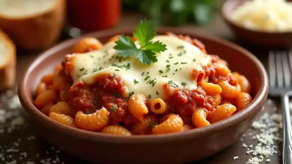 Assorted beefaroni dishes, including classic, cheesy, baked, and casserole variations, arranged on a table