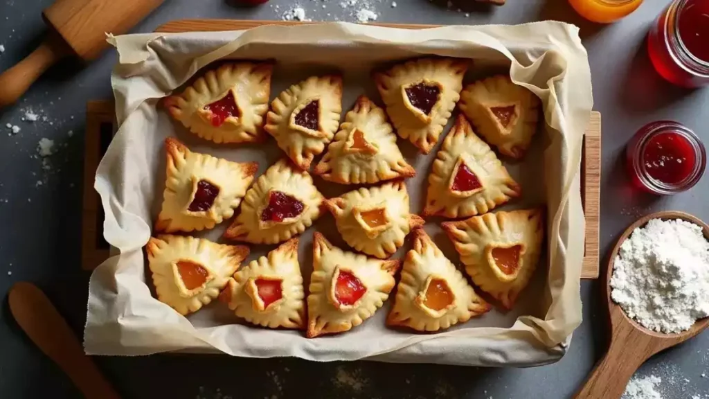 Assorted Hamantaschen cookies with vibrant fillings like chocolate, apricot, and raspberry, arranged beautifully on a decorative plate