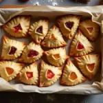 Assorted Hamantaschen cookies with vibrant fillings like chocolate, apricot, and raspberry, arranged beautifully on a decorative plate