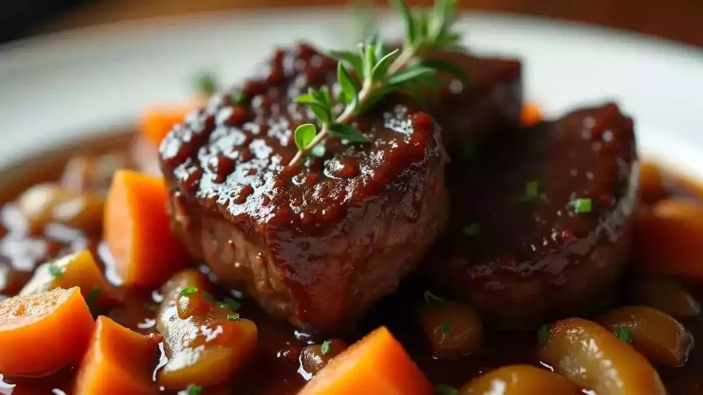 Smoked and braised beef cheeks served with a rich sauce, garnished with fresh herbs on a rustic plate