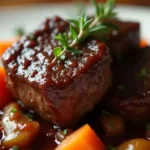 Smoked and braised beef cheeks served with a rich sauce, garnished with fresh herbs on a rustic plate