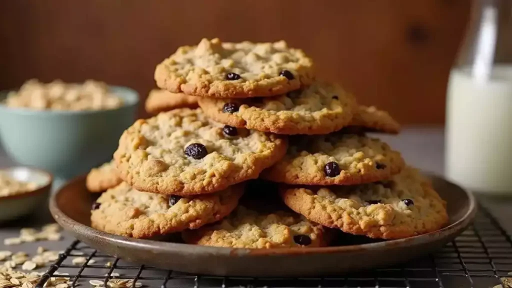 Golden Quaker oatmeal chocolate chip cookies stacked on a plate, with melted chocolate chips and a chewy texture