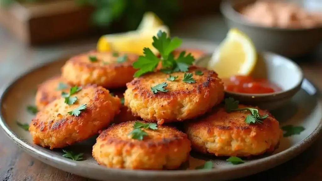 Golden-brown salmon patties garnished with fresh herbs and lemon wedges, served on a rustic plate