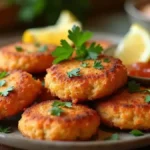 Golden-brown salmon patties garnished with fresh herbs and lemon wedges, served on a rustic plate