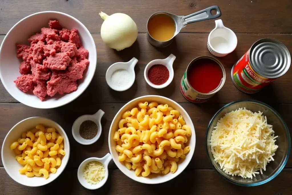 Ingredients for beefaroni: ground beef, pasta, tomato sauce, onions, garlic, and shredded cheese