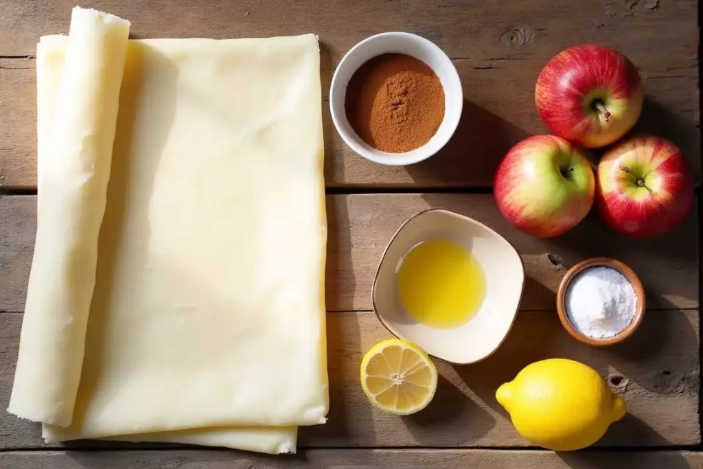 Ingredients for apple puff pastry: puff pastry, fresh apples, sugar, cinnamon, and butter