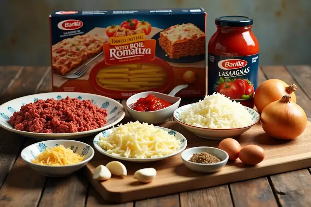 Ingredients for Barilla lasagna: no-boil noodles, marinara sauce, ricotta, mozzarella, Parmesan, and ground meat