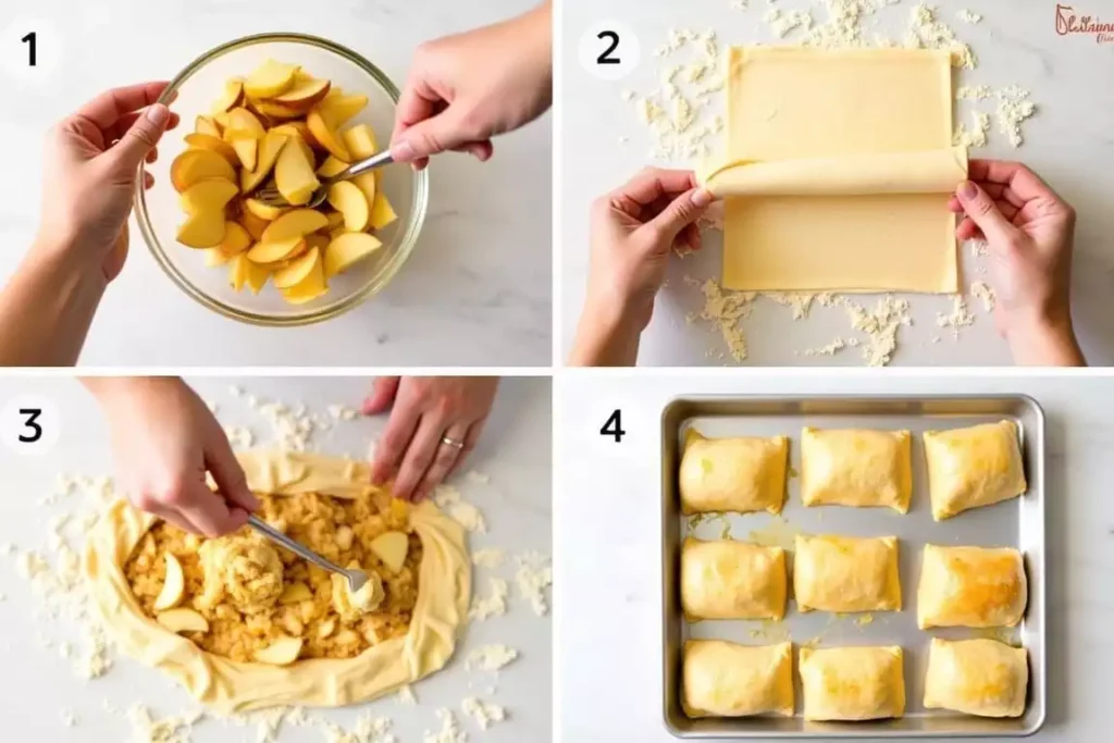 Apple puff pastry being prepared with ready-made dough and fresh apples