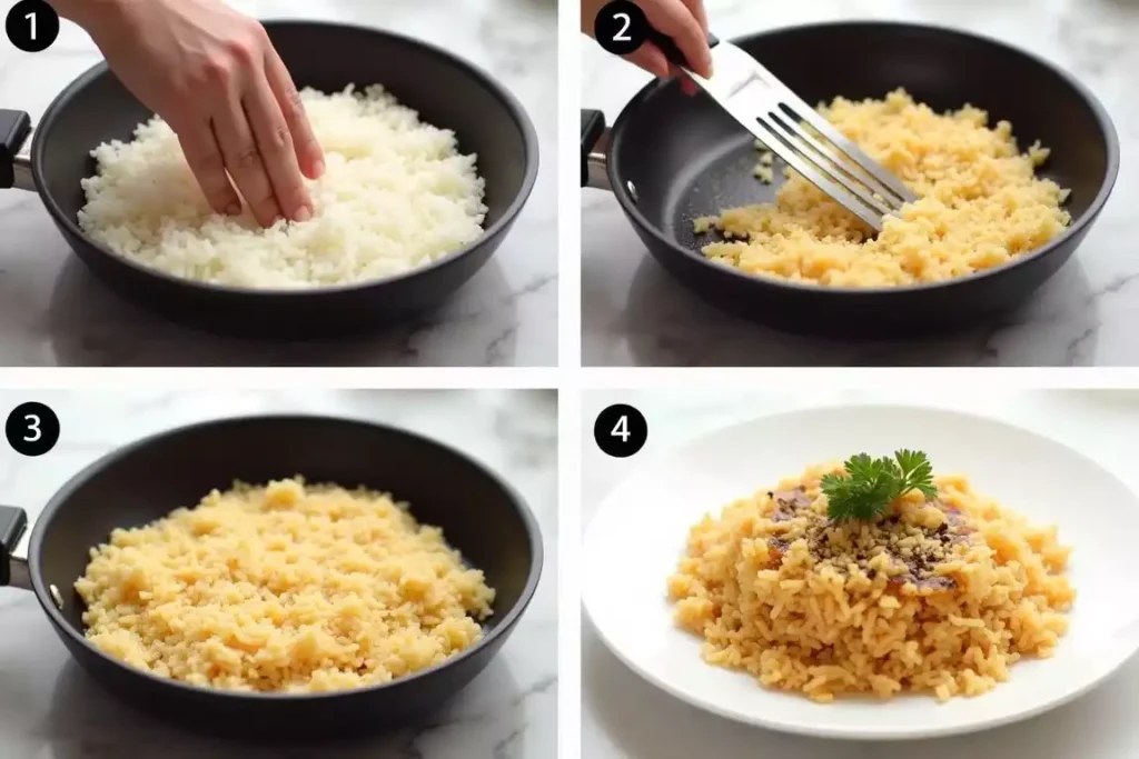 Crispy rice cooking in a skillet with minimal ingredients