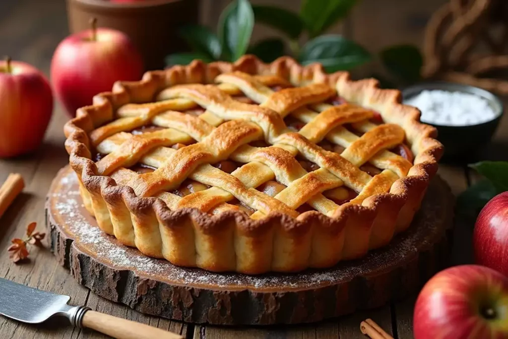 Golden puff pastry apple pie with a flaky crust, served warm