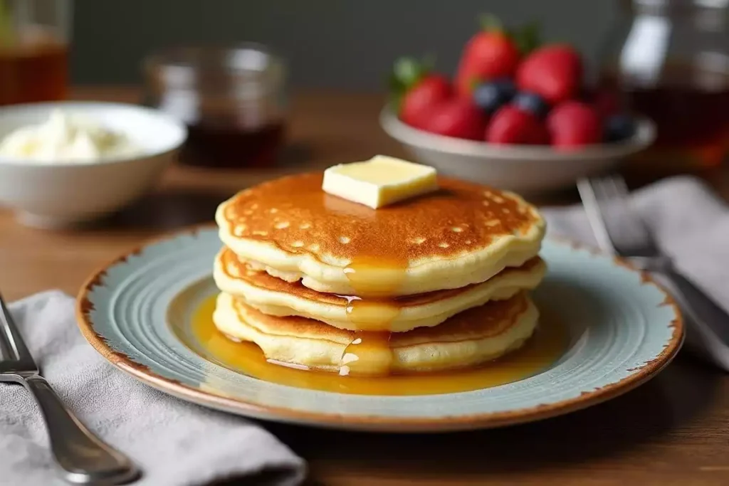 Keto cottage cheese pancakes stacked on a plate with a pat of butter and a drizzle of syrup