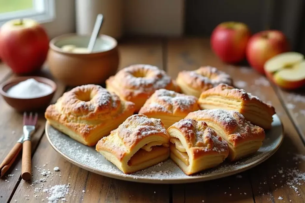 Golden apple puff pastry recipe on a plate, dusted with powdered sugar