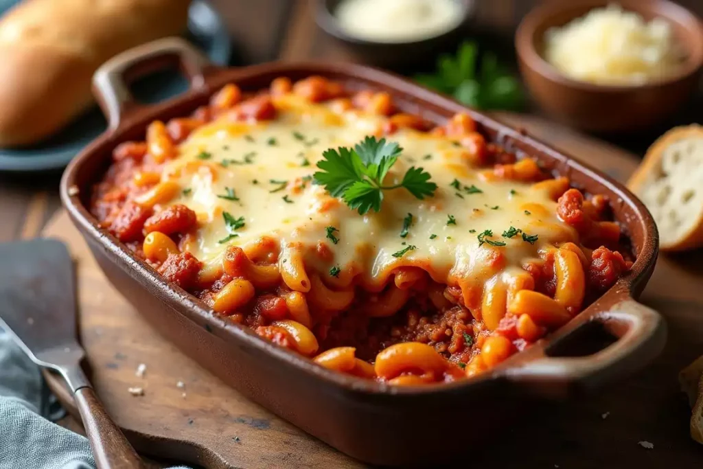 Beefaroni casserole layered with pasta, beef, and melted cheese, served in a baking dish