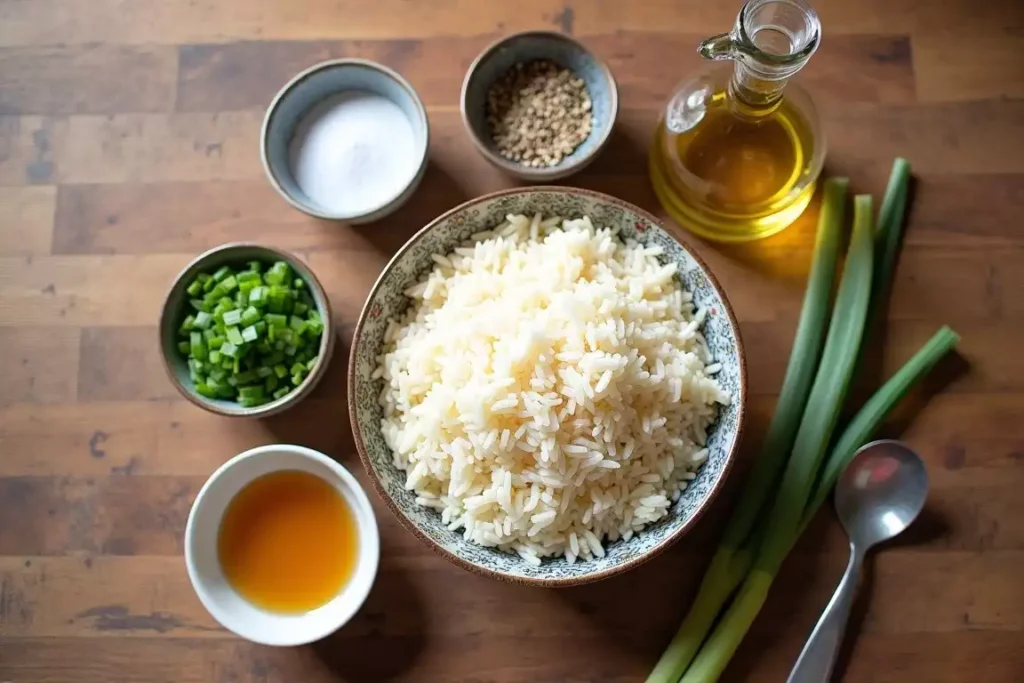 Ingredients for crispy rice: cooked rice, oil, salt, and optional spices