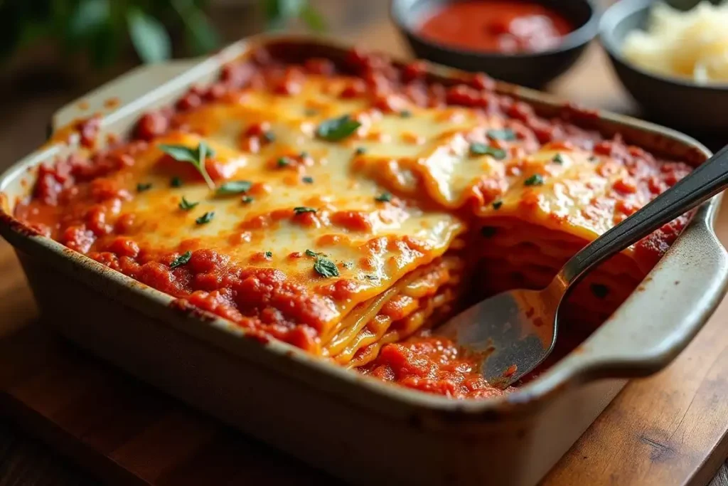 Barilla no-boil lasagna with layers of noodles, sauce, and cheese, baked to perfection