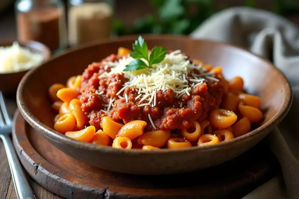 Classic Beef a Roni with tender pasta, seasoned ground beef, and melted cheese, served in a bowl