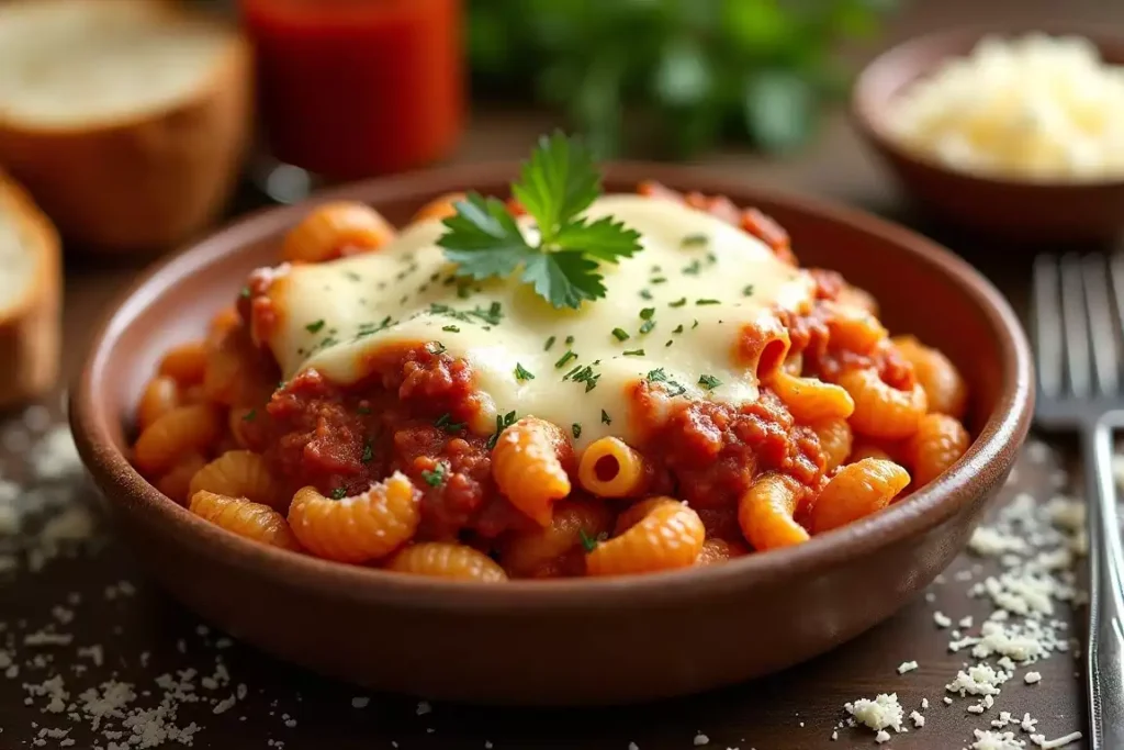 Bowl of beefaroni recipe topped with fresh parsley, served warm