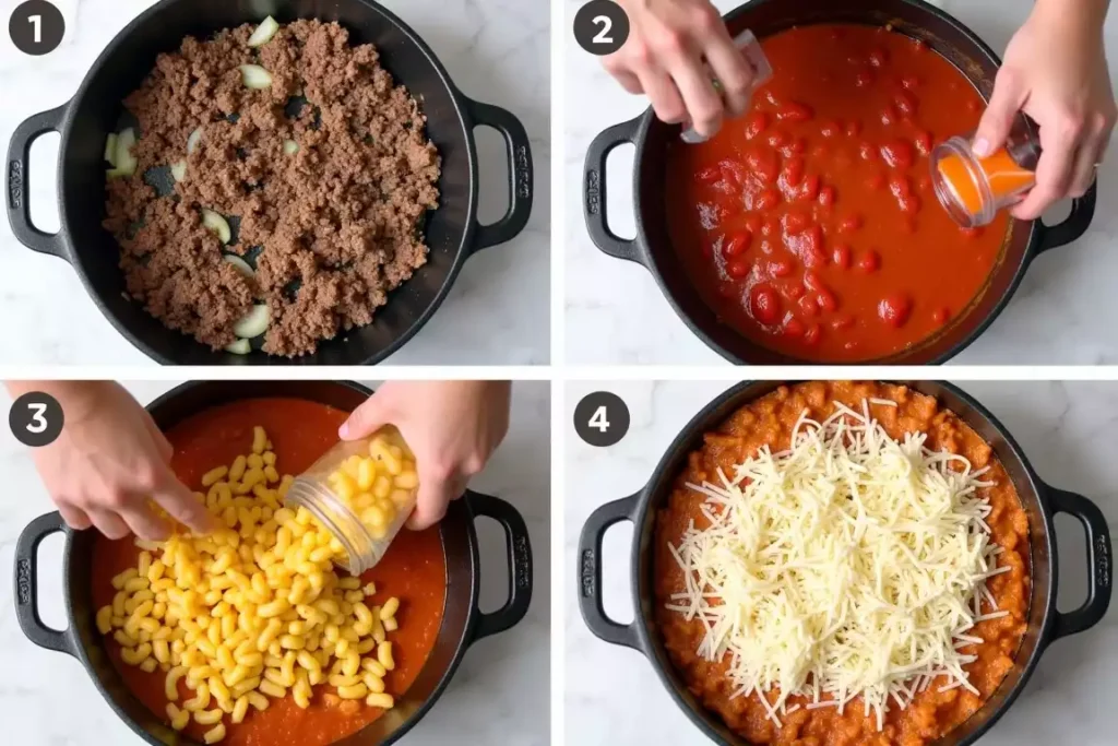 Bowl of beefaroni topped with fresh parsley, served warm