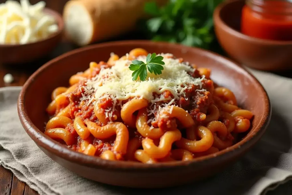 Deliciously cheesy beefaroni topped with melted mozzarella, served warm in a bowl