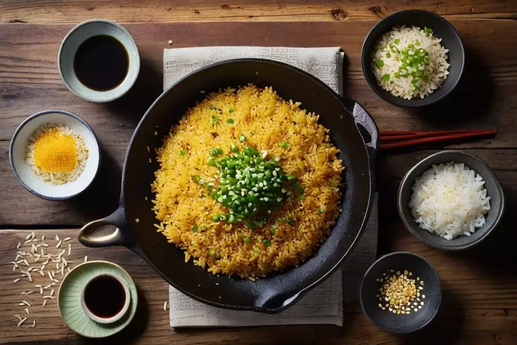 Crispy rice cooking in a non-stick skillet, pressed with a spatula for even crisping