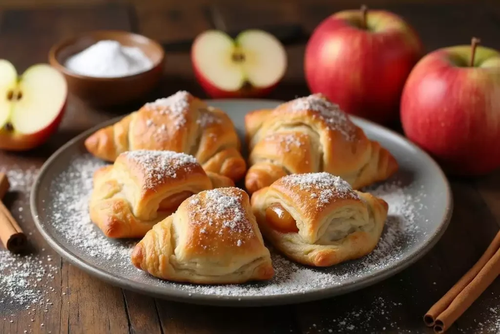 Flaky apple puff pastry slices served on a plate, showcasing the golden layers and apple filling