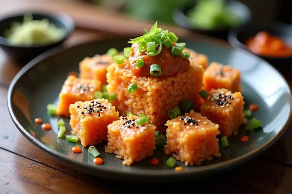 Spicy tuna on crispy rice, garnished with green onion