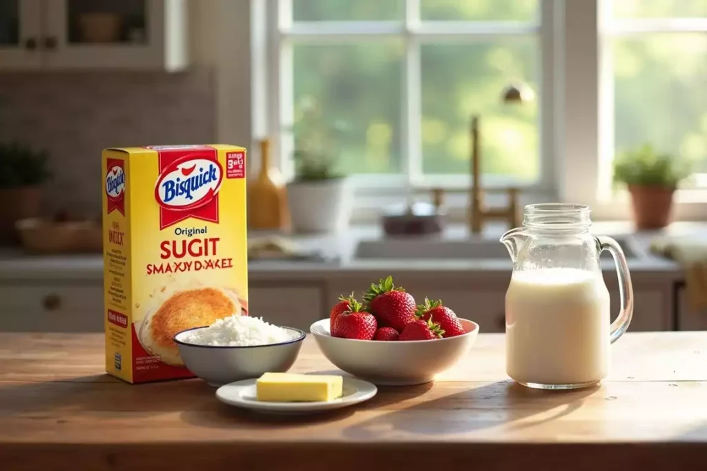 Ingredients for Bisquick shortcake, including Bisquick mix, milk, sugar, butter, strawberries, and whipped cream