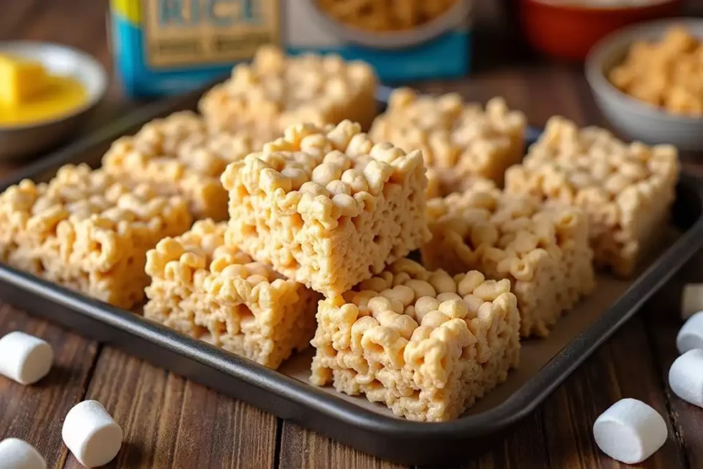 Rice crispy treats stacked on a plate