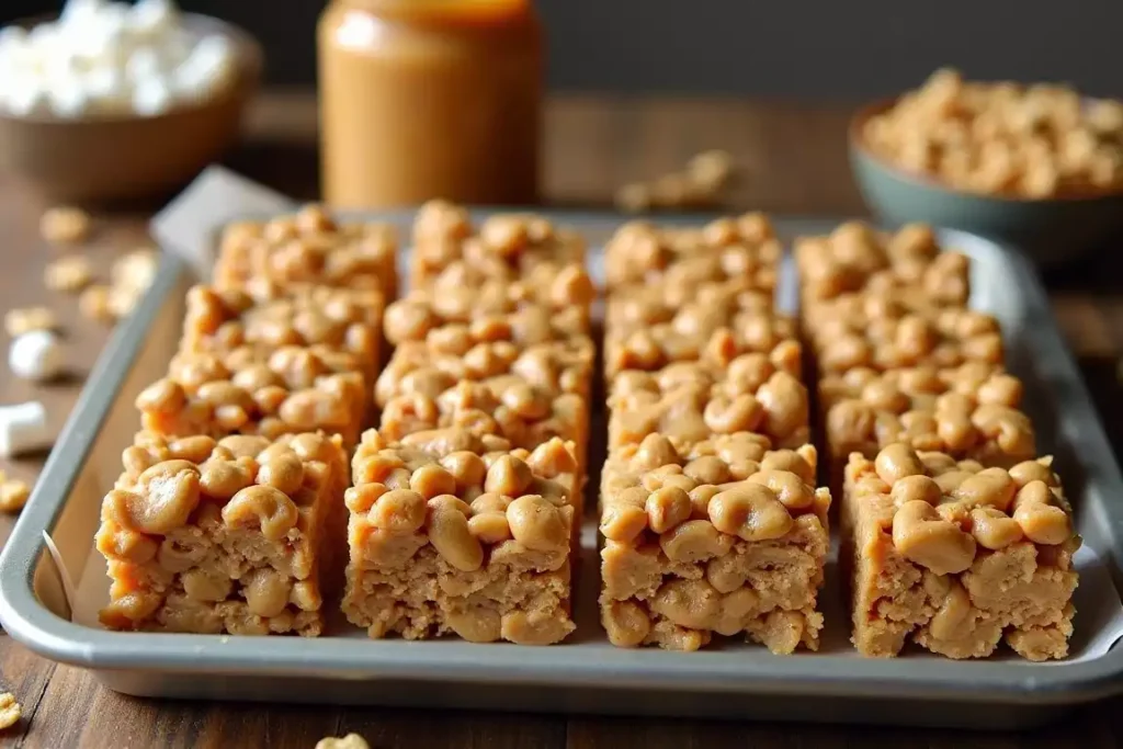 Peanut butter rice crispy treats stacked on a plate